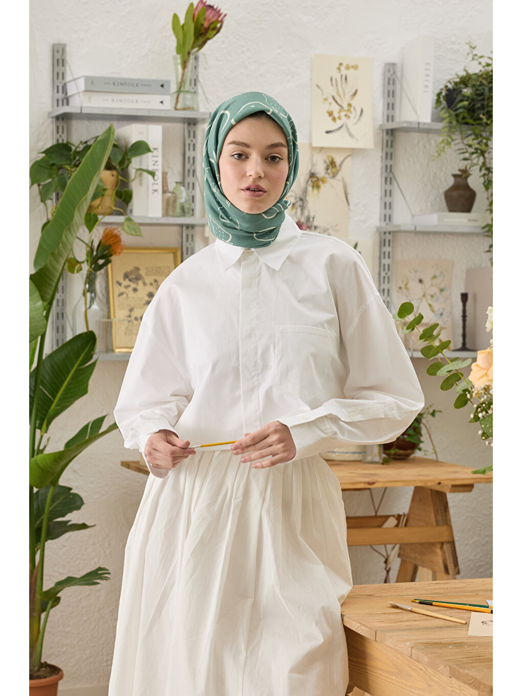 Yeşil Eloıse Desen Pamuk İpek Eşarp Deniz Köpüğü-3
