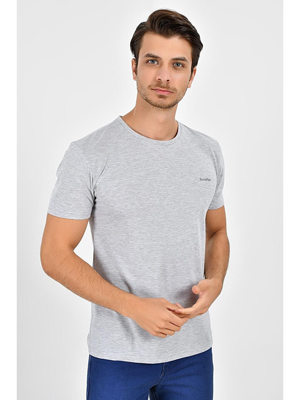Gri Erkek Bisiklet Yaka Dar Kalıp Brooklyn Baskılı Tişort SPR 266-1