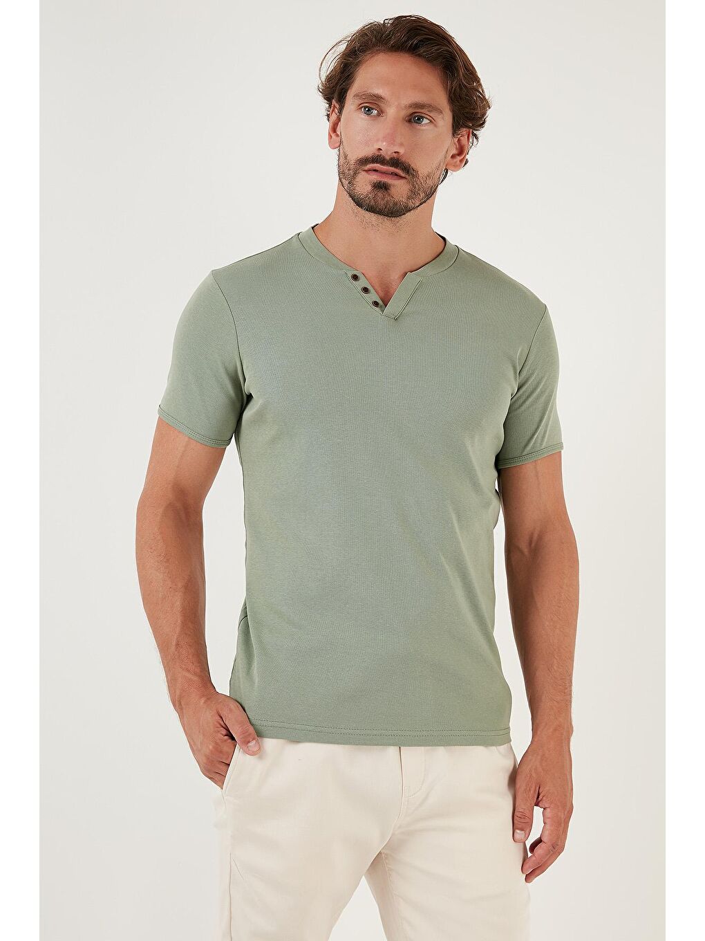 Yeşil % 100 Pamuklu V Yaka Tişört 5902122-5