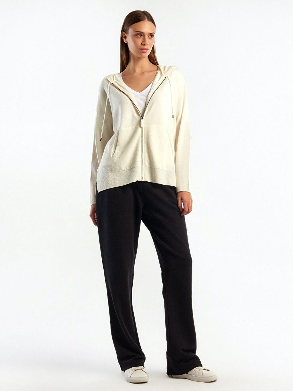 Ekru Kadın Krem Kapüşonlu Kaşmir Karışımlı Triko Eşofman Üstü