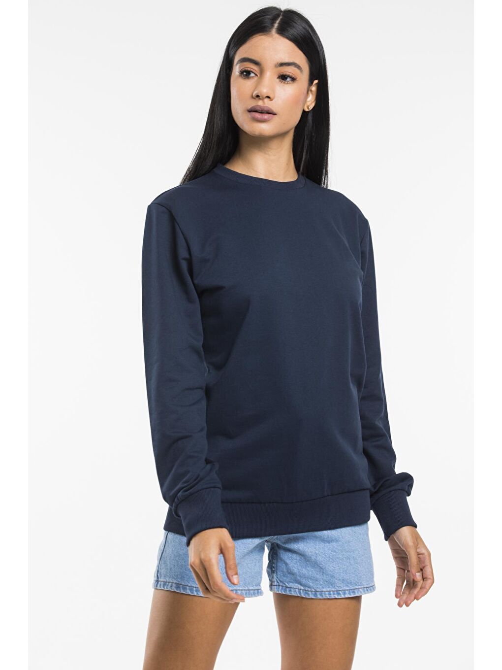 Süperlife Lacivert Kadın Bisiklet Yaka Oversize Fit İnce Sweatshirt SPR21K30