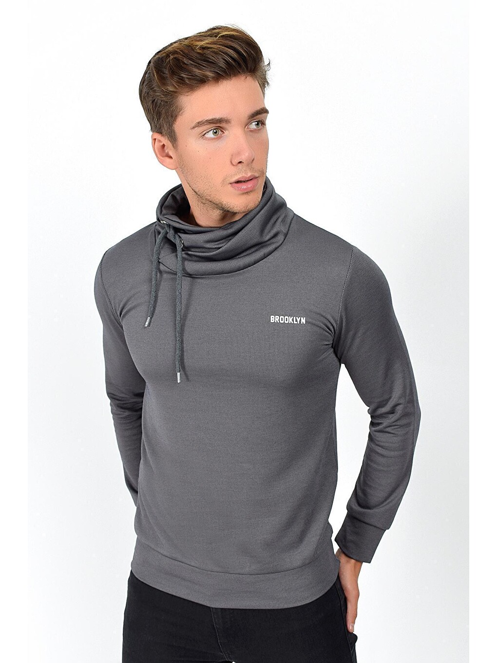 Lacivert Şal Yaka Uzun Kollu Dar Kalıp İnce Erkek Baskılı Sweatshirt Spr 2019k41