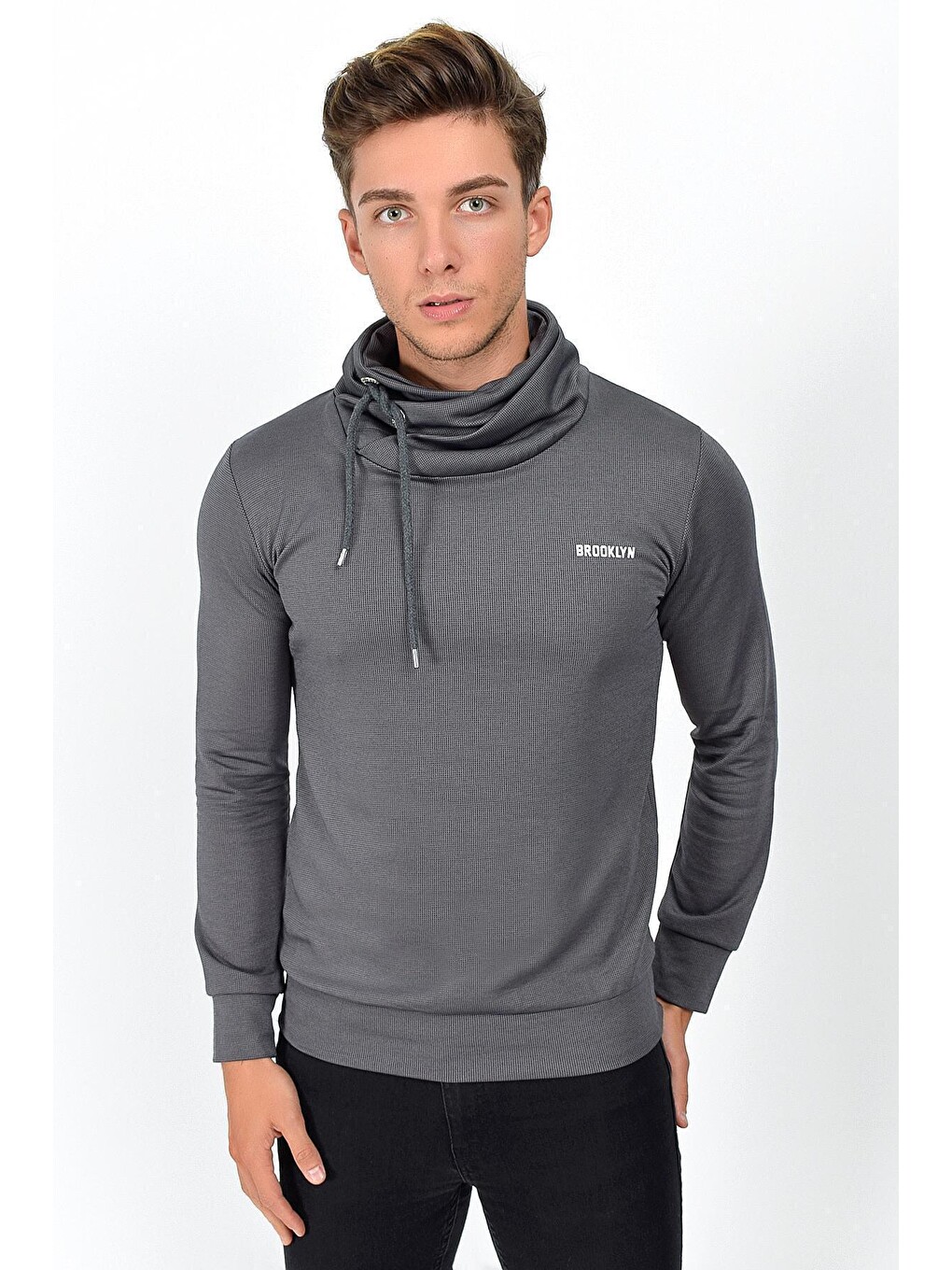 Lacivert Şal Yaka Uzun Kollu Dar Kalıp İnce Erkek Baskılı Sweatshirt Spr 2019k41-1