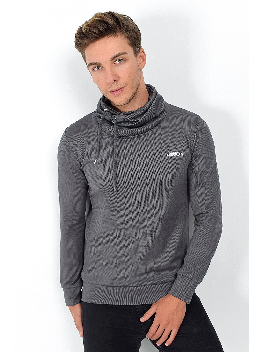 Lacivert Şal Yaka Uzun Kollu Dar Kalıp İnce Erkek Baskılı Sweatshirt Spr 2019k41-2