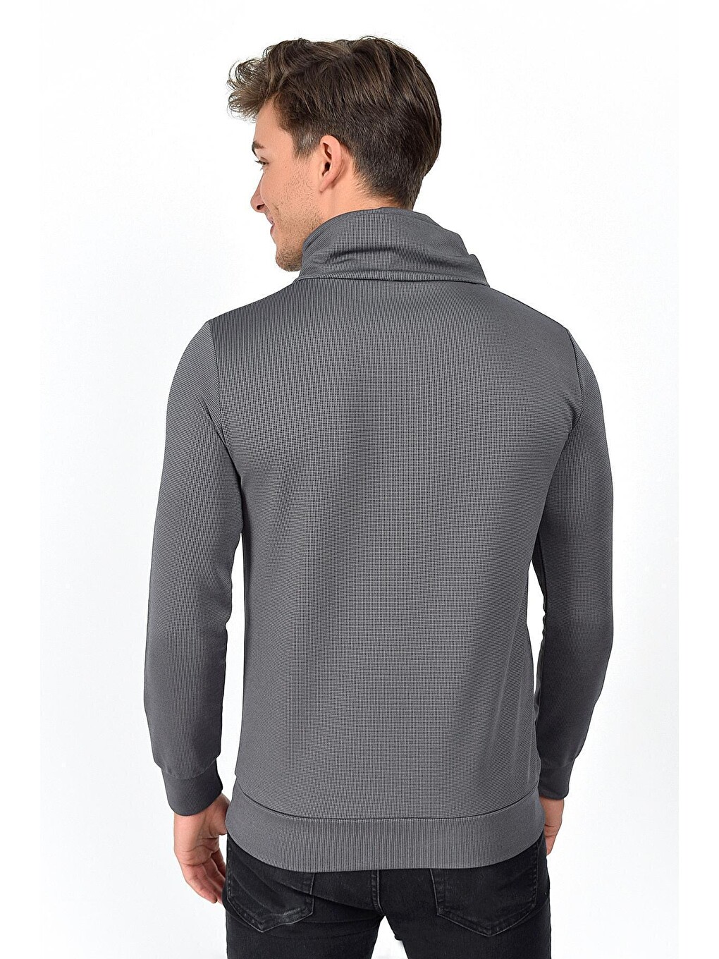 Lacivert Şal Yaka Uzun Kollu Dar Kalıp İnce Erkek Baskılı Sweatshirt Spr 2019k41-4