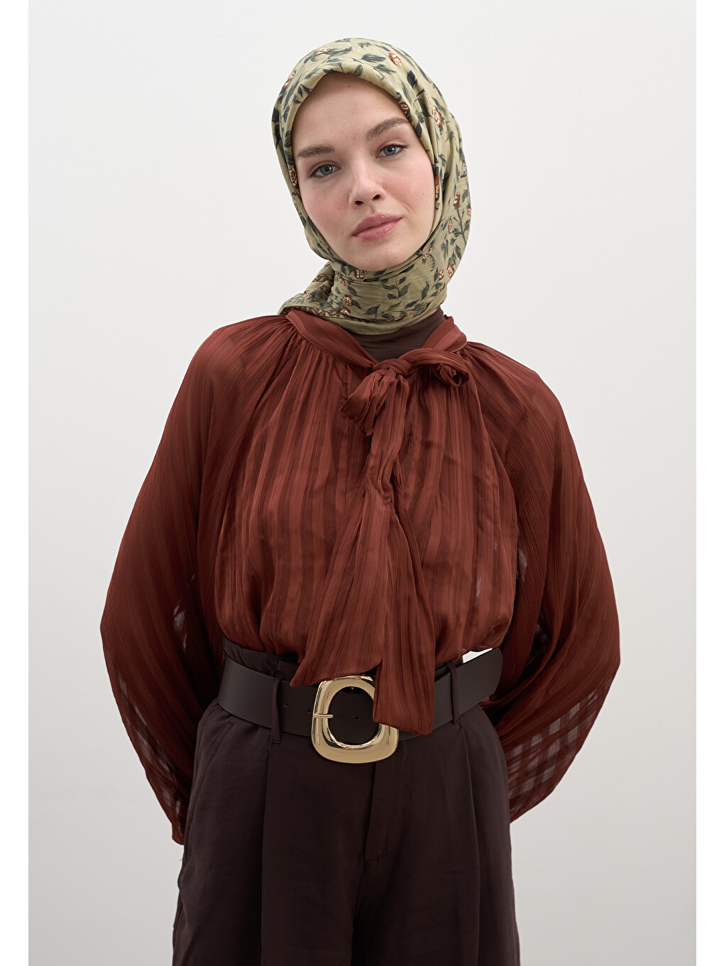 Yeşil Leana Desen Pamuklu Viskon Eşarp Çağla-4