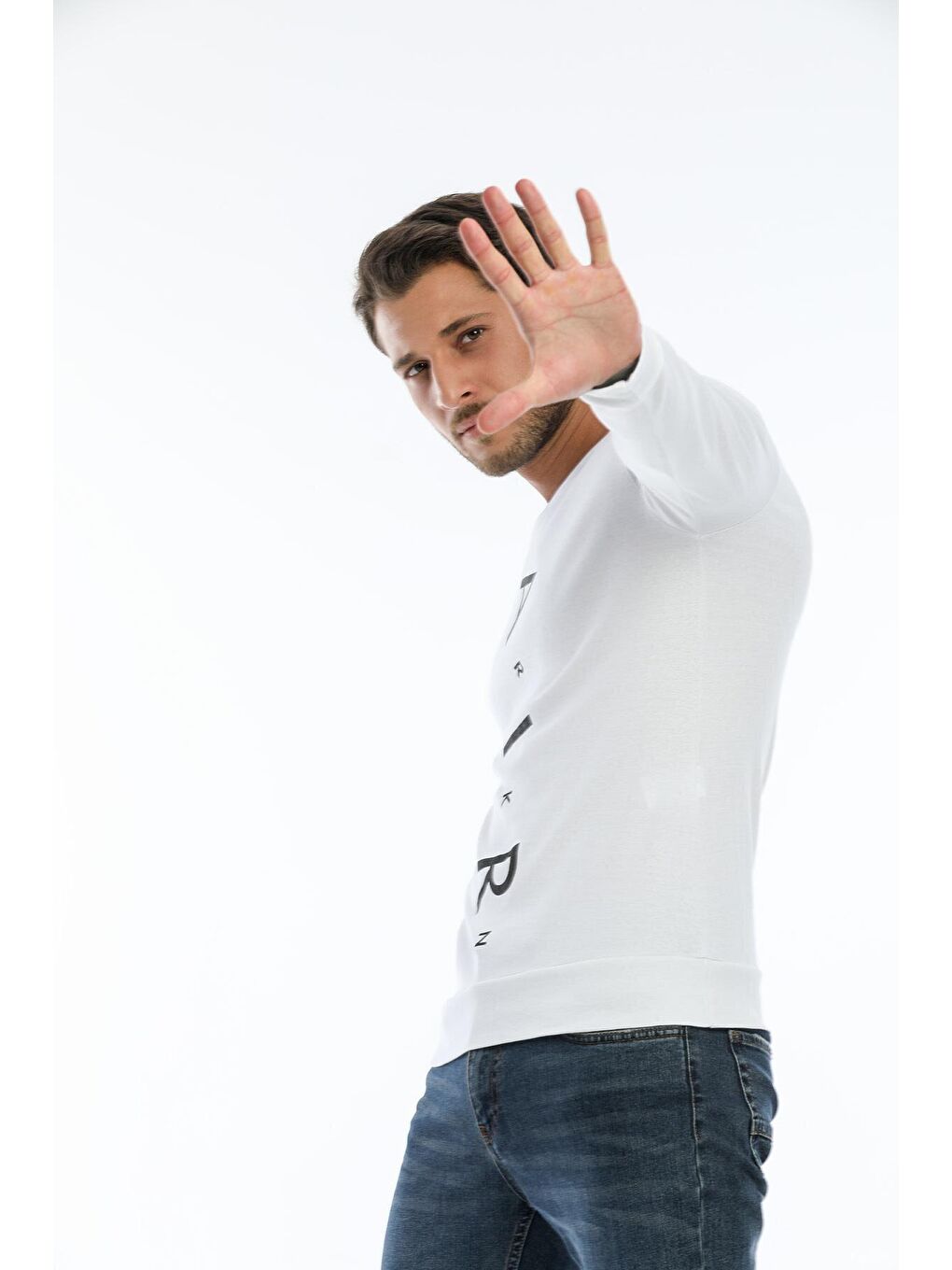 Beyaz Erkek Bisiklet Yaka Slim fit Air Baskılı İnce Sweatshirt SPR22sw101-1