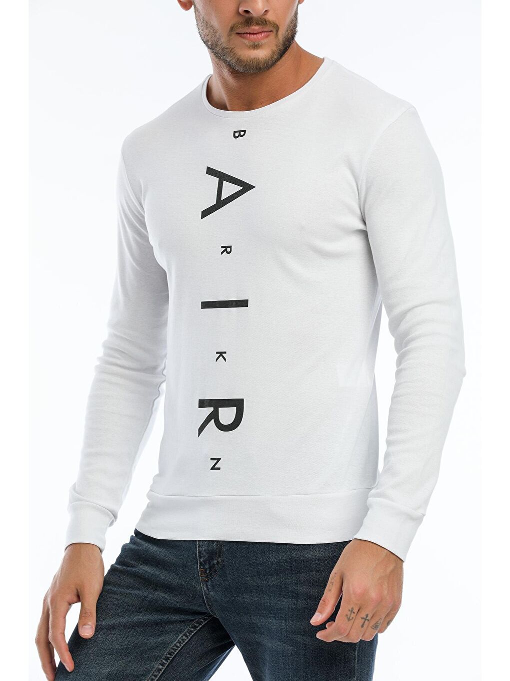 Beyaz Erkek Bisiklet Yaka Slim fit Air Baskılı İnce Sweatshirt SPR22sw101-2