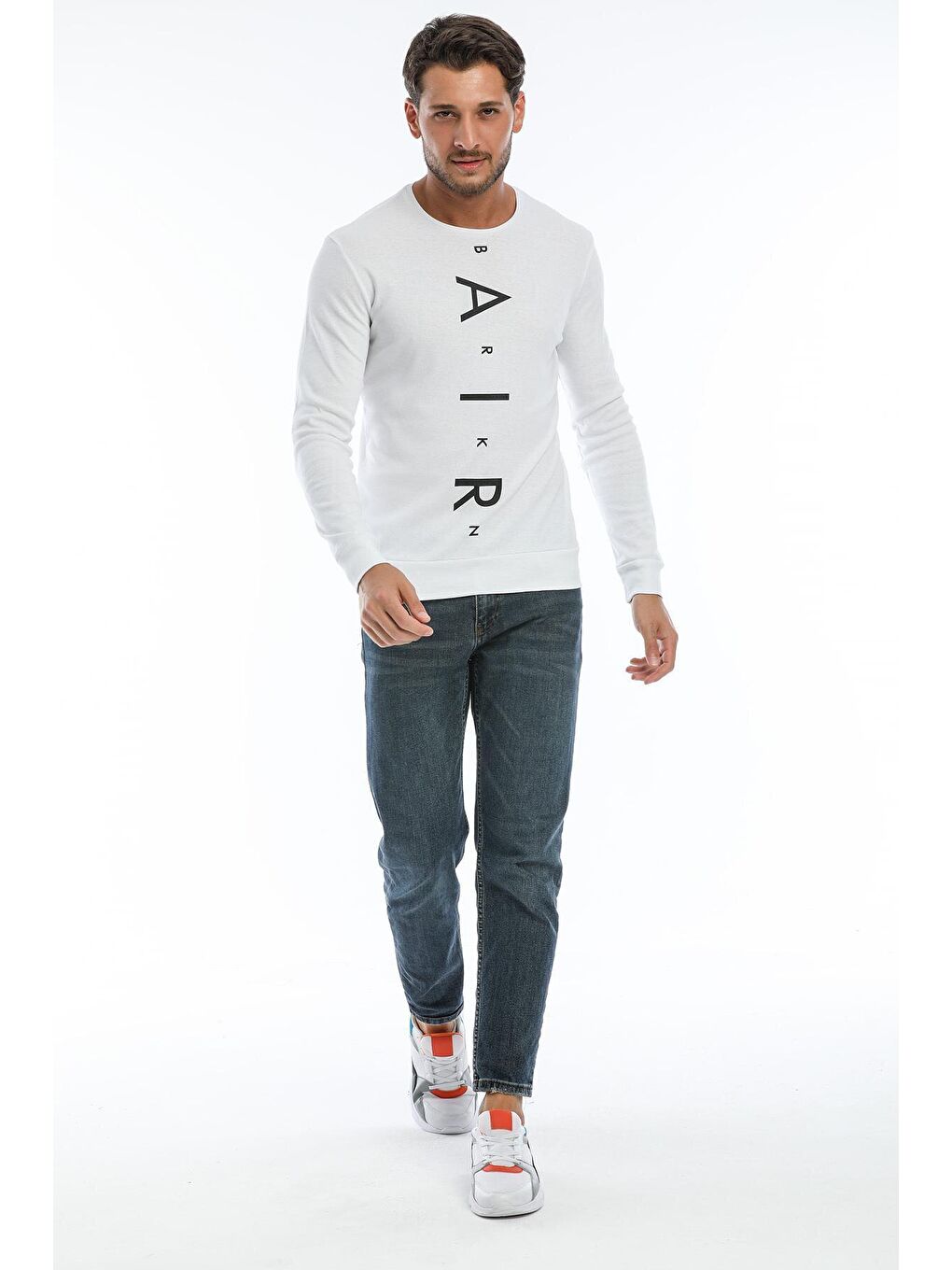 Beyaz Erkek Bisiklet Yaka Slim fit Air Baskılı İnce Sweatshirt SPR22sw101-3