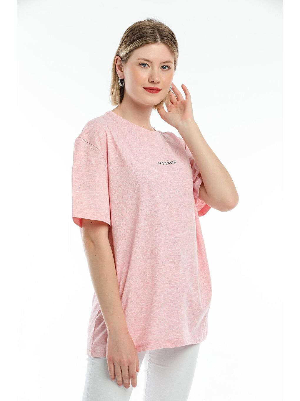 Süperlife Pembe Kadın Bisiklet Yaka Oversize Fit Brookyln Baskılı Tişort SPR21YK27 - 2