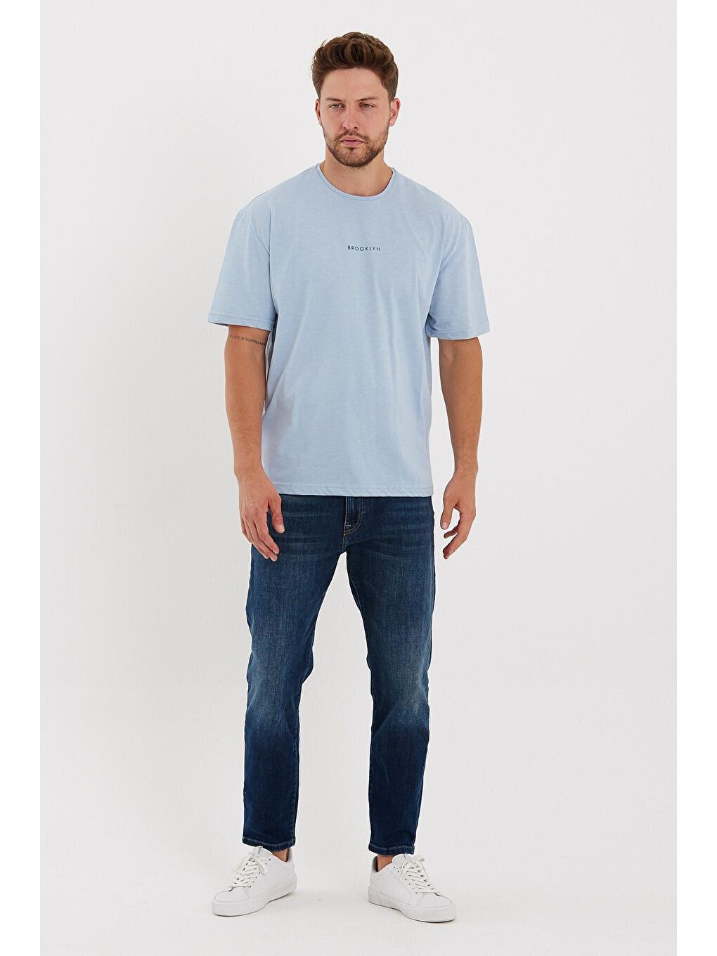 Mavi Bisiklet Yaka Oversize Fit Brooklyn Baskılı Erkek Tişört SPR21Y27-1