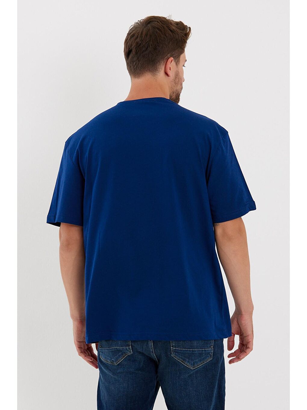 Lacivert Bisiklet Yaka Oversize Fit Brooklyn Baskılı Erkek Tişört SPR21Y27