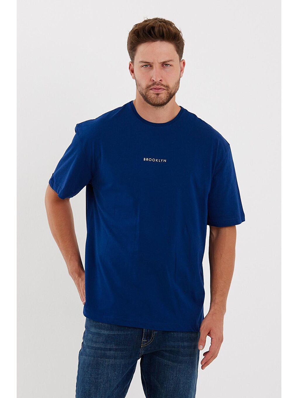 Lacivert Bisiklet Yaka Oversize Fit Brooklyn Baskılı Erkek Tişört SPR21Y27-2