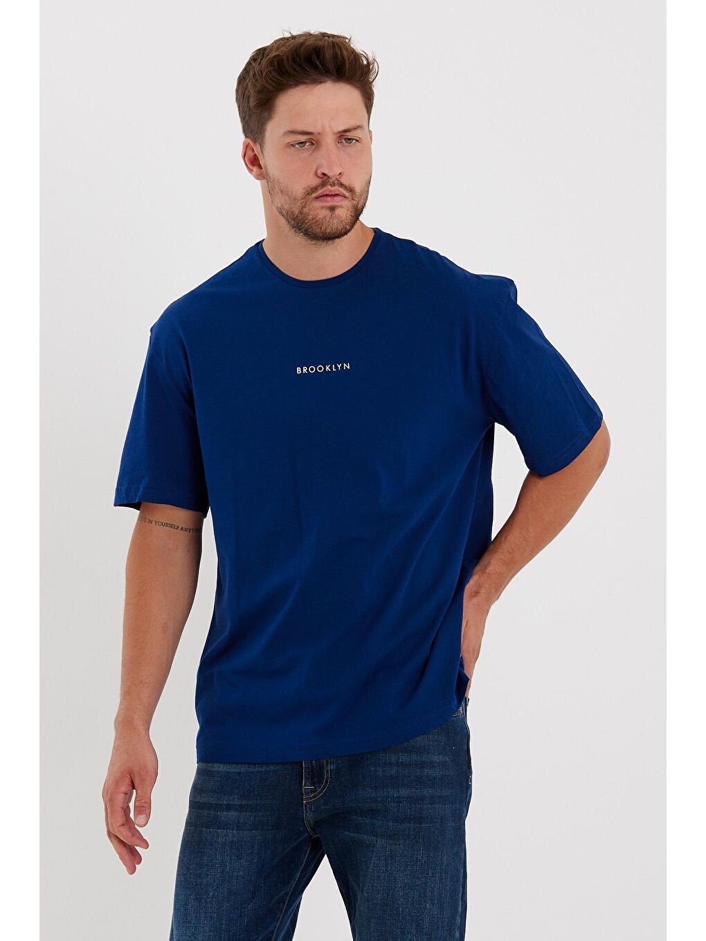 Lacivert Bisiklet Yaka Oversize Fit Brooklyn Baskılı Erkek Tişört SPR21Y27-4
