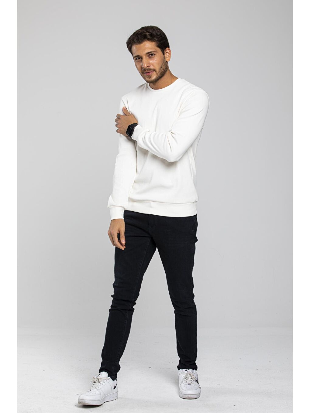 Ekru Erkek Bisiklet Yaka Slim Fit İnce Sweatshirt SPR 20K17