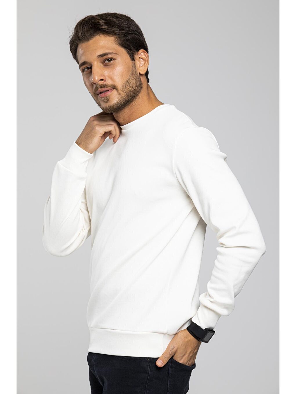 Ekru Erkek Bisiklet Yaka Slim Fit İnce Sweatshirt SPR 20K17-1