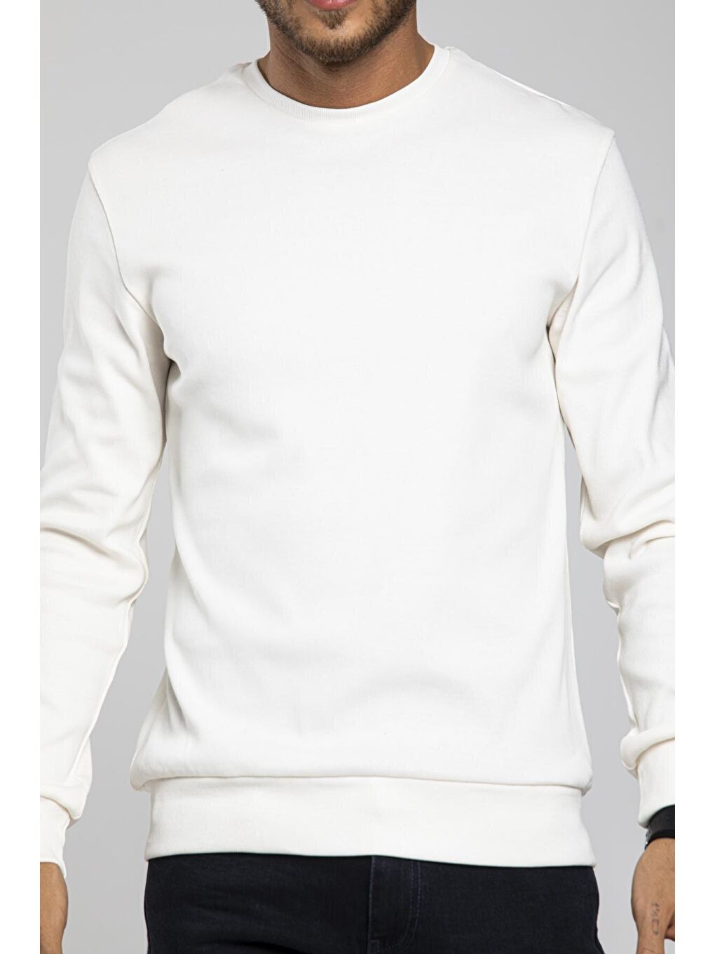 Ekru Erkek Bisiklet Yaka Slim Fit İnce Sweatshirt SPR 20K17-3