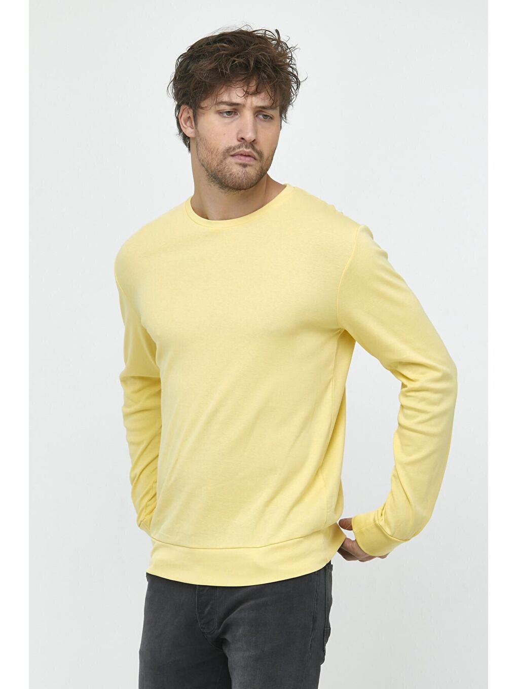 Sarı Erkek Bisiklet Yaka Slim Fit İnce Sweatshirt SPR 20K17-5