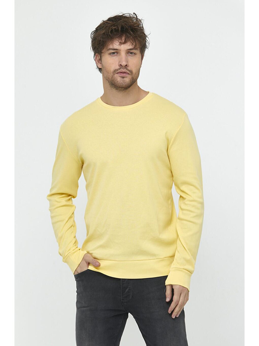 Sarı Erkek Bisiklet Yaka Slim Fit İnce Sweatshirt SPR 20K17-7