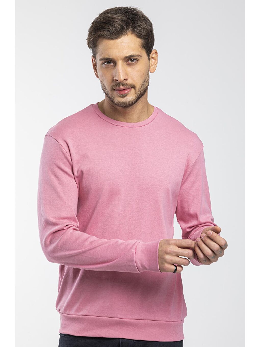 Pembe Erkek Bisiklet Yaka Slim Fit İnce Sweatshirt SPR 20K17-1