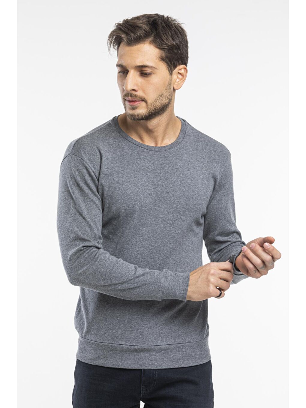 Gri Erkek Bisiklet Yaka Slim Fit İnce Sweatshirt SPR 20K17-1