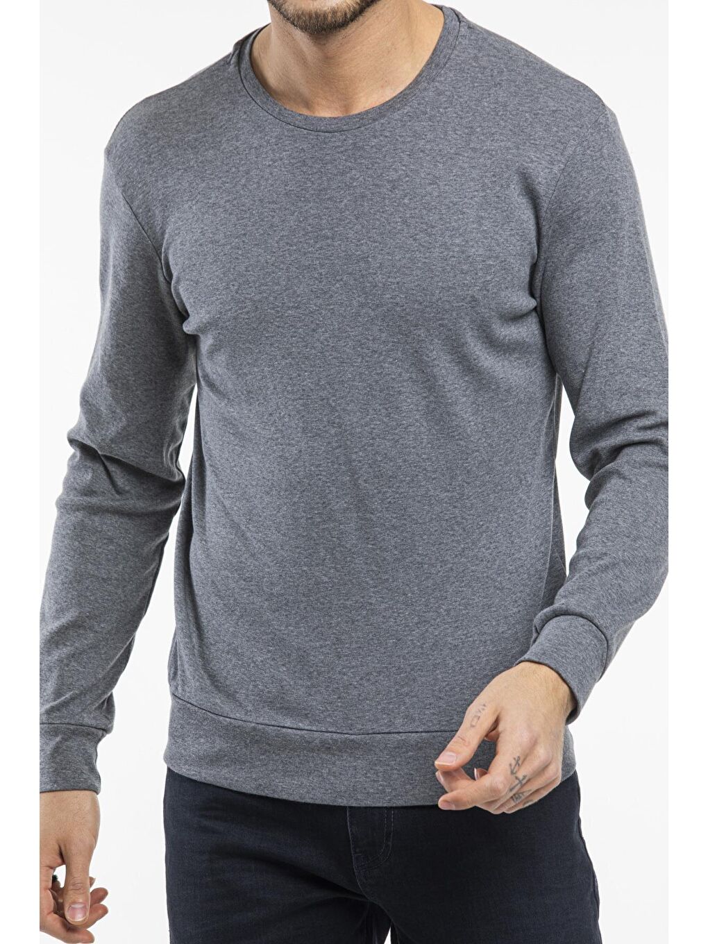 Gri Erkek Bisiklet Yaka Slim Fit İnce Sweatshirt SPR 20K17-2
