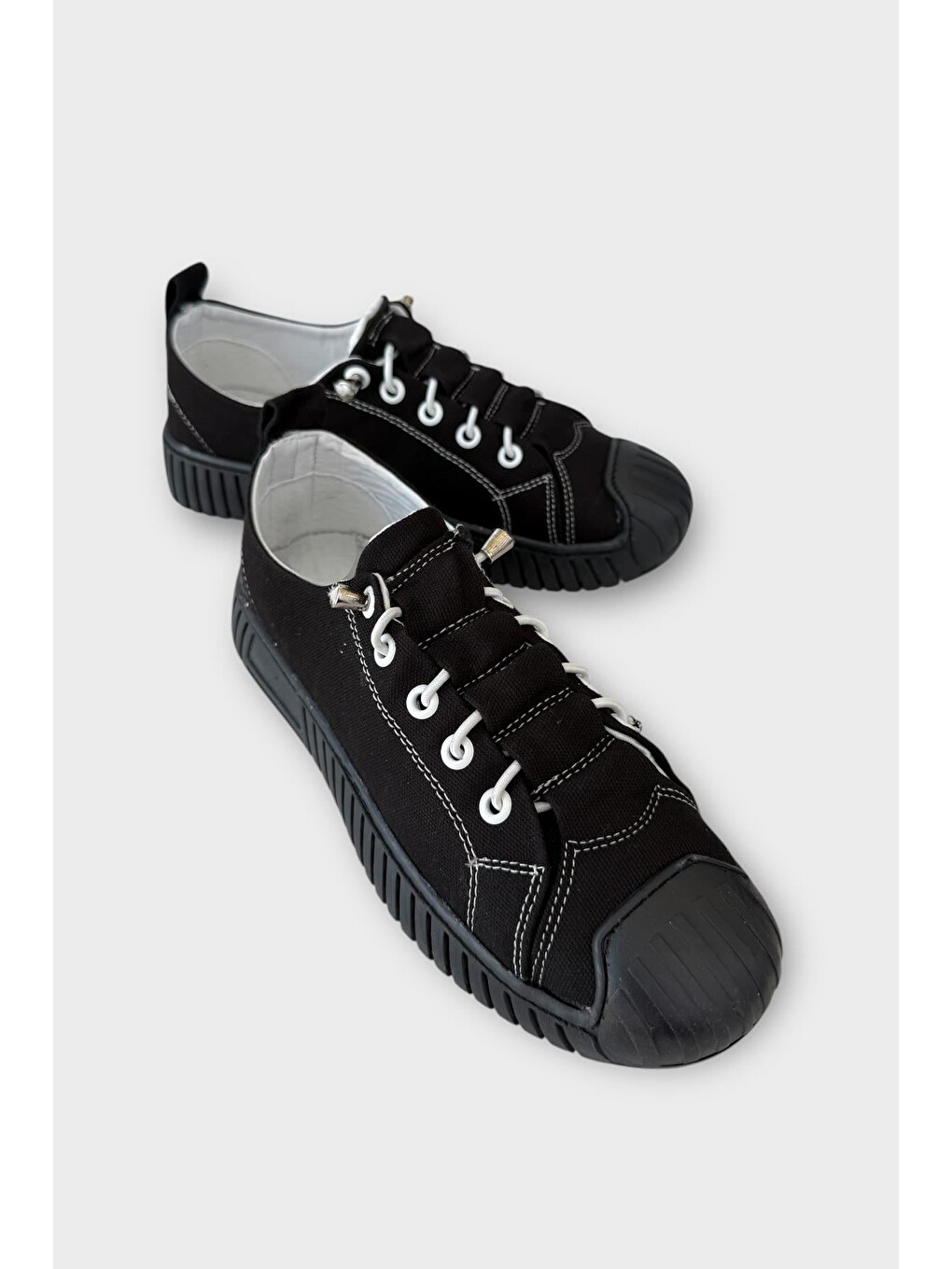 Unisex Kolay Giyilebilir Lastik Bağcıklı Spor Keten Sneaker Ayakkabı Siyah-1