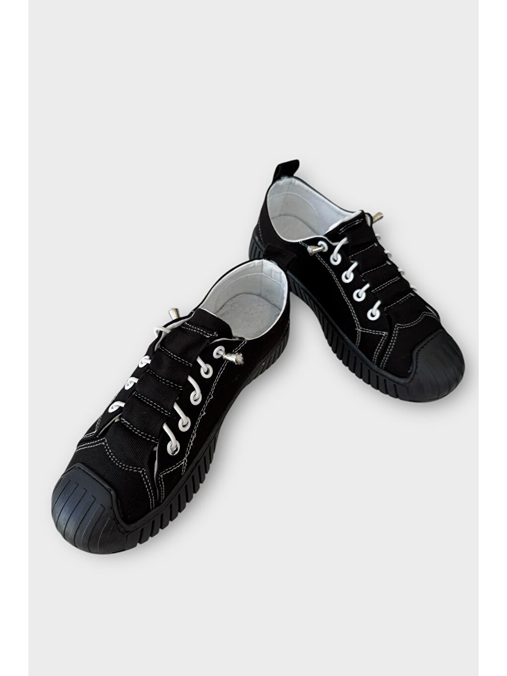Unisex Kolay Giyilebilir Lastik Bağcıklı Spor Keten Sneaker Ayakkabı Siyah-2