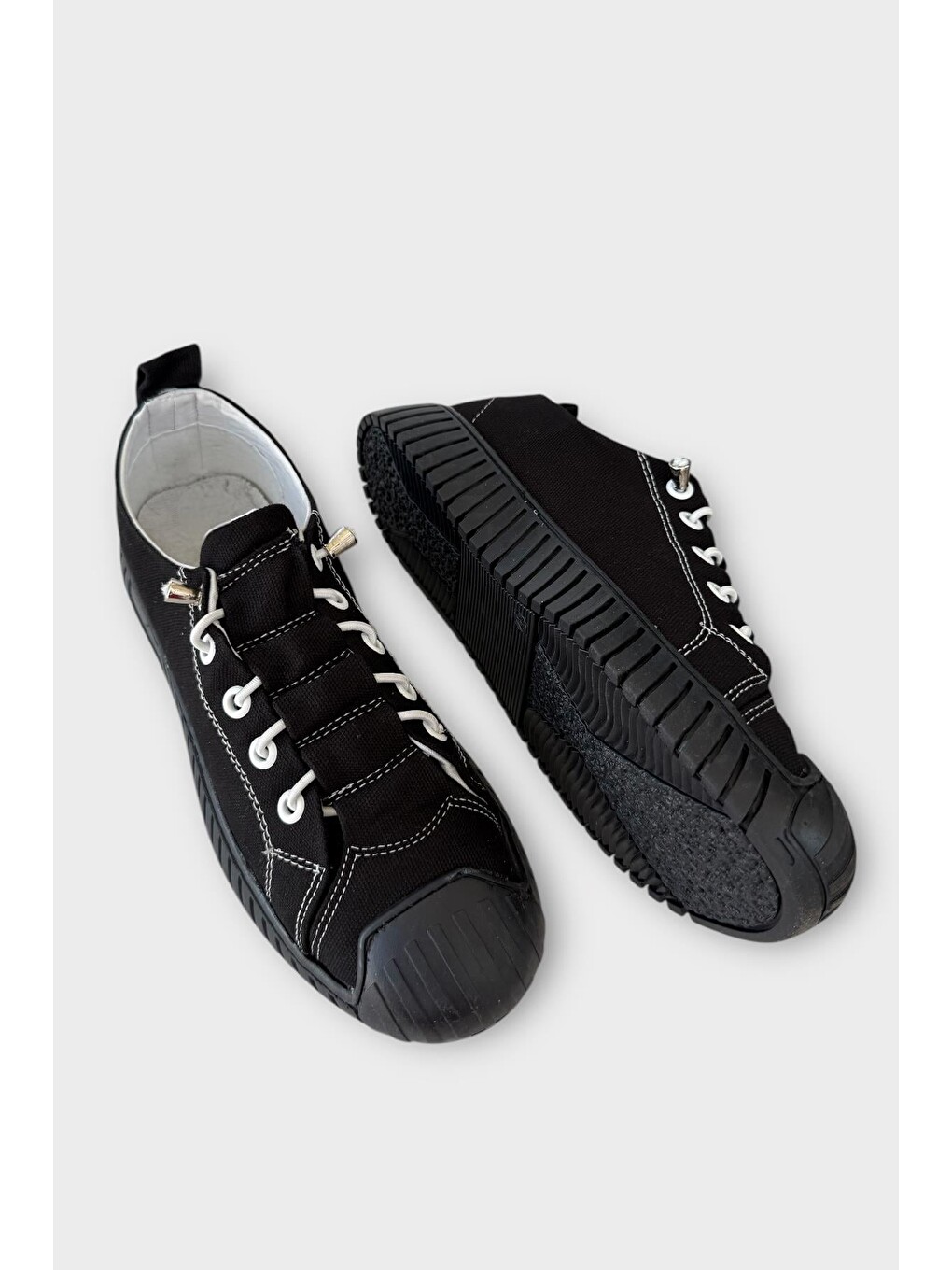 Unisex Kolay Giyilebilir Lastik Bağcıklı Spor Keten Sneaker Ayakkabı Siyah-3