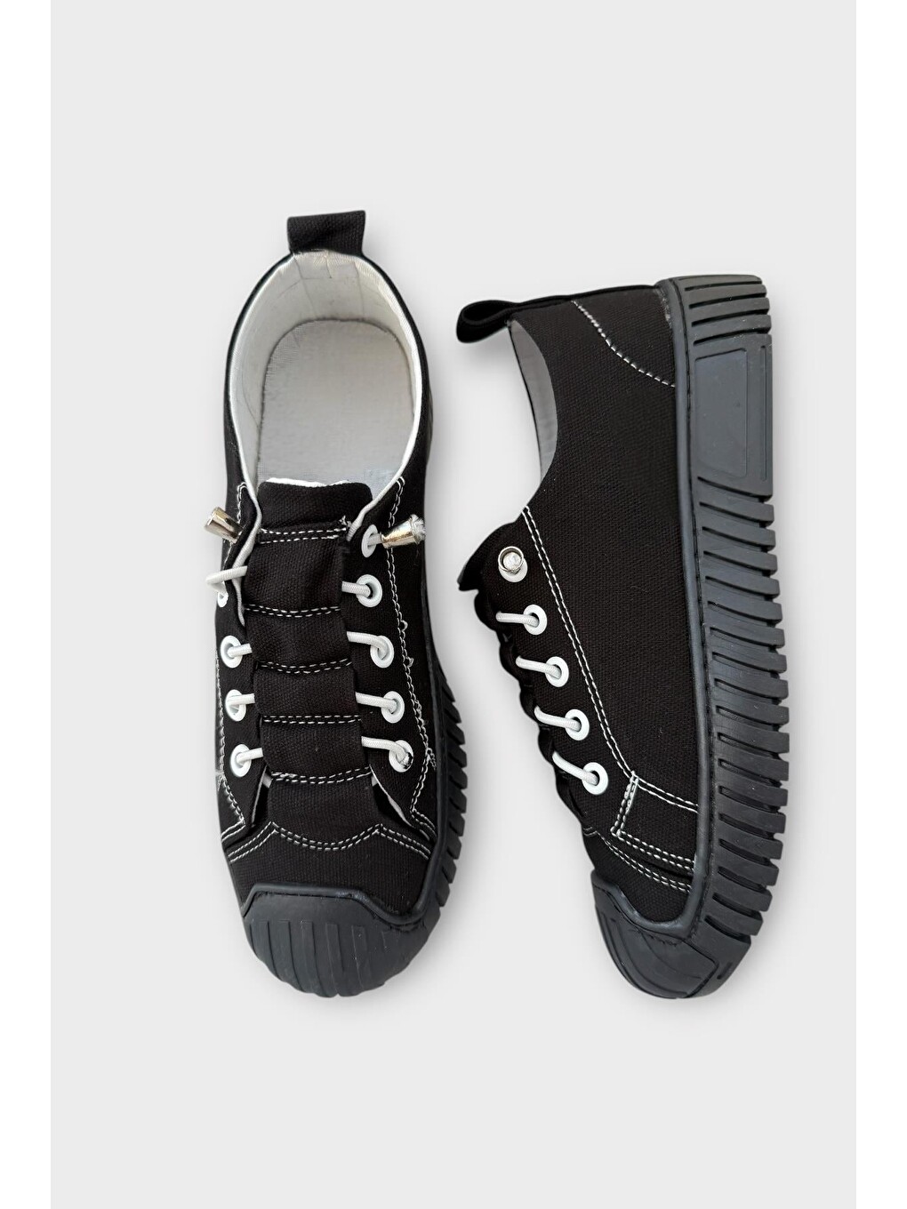 Unisex Kolay Giyilebilir Lastik Bağcıklı Spor Keten Sneaker Ayakkabı Siyah-5