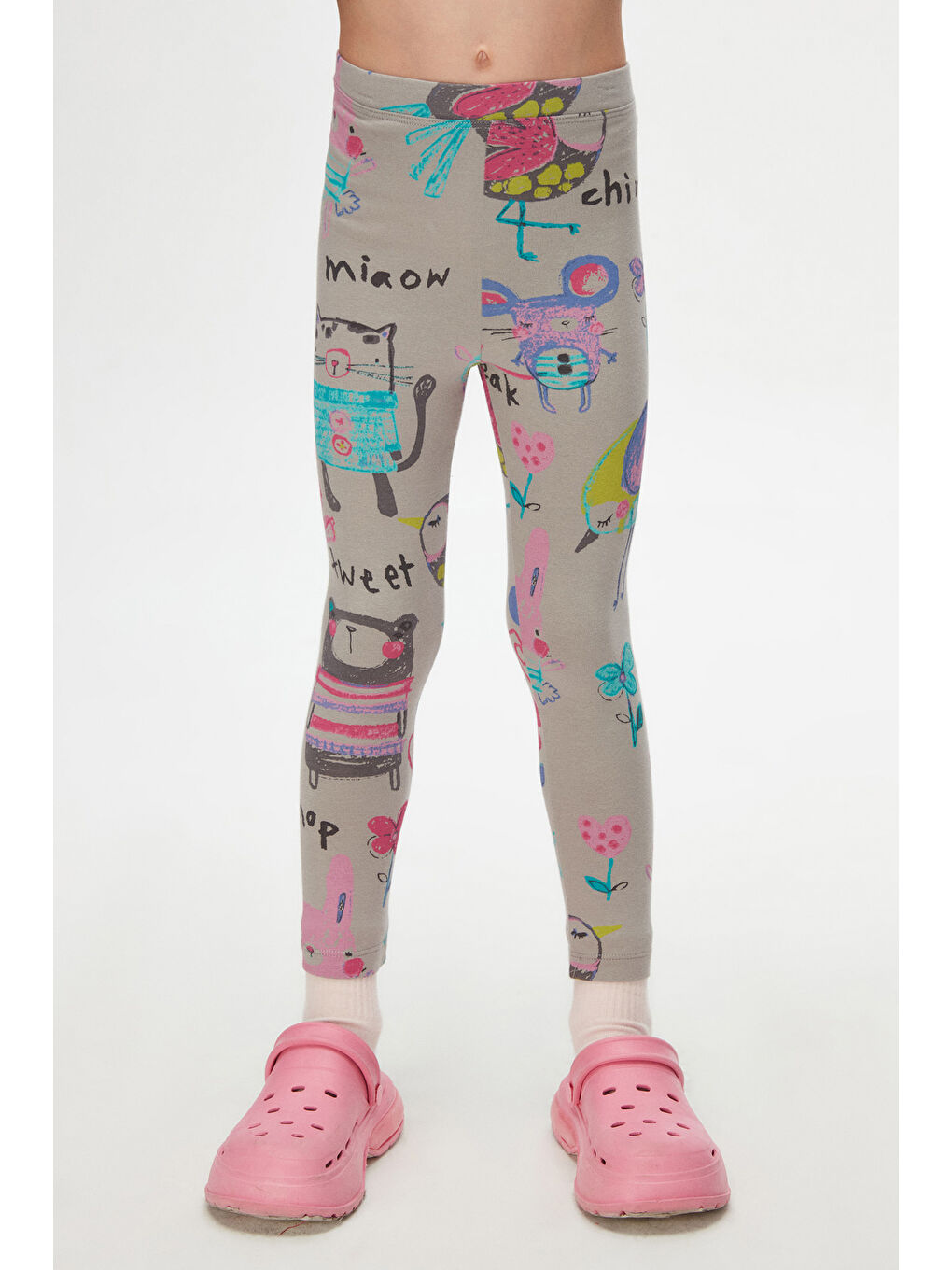 Gri 1 Kız Çocuk Chirping Animals Desen Tayt-1