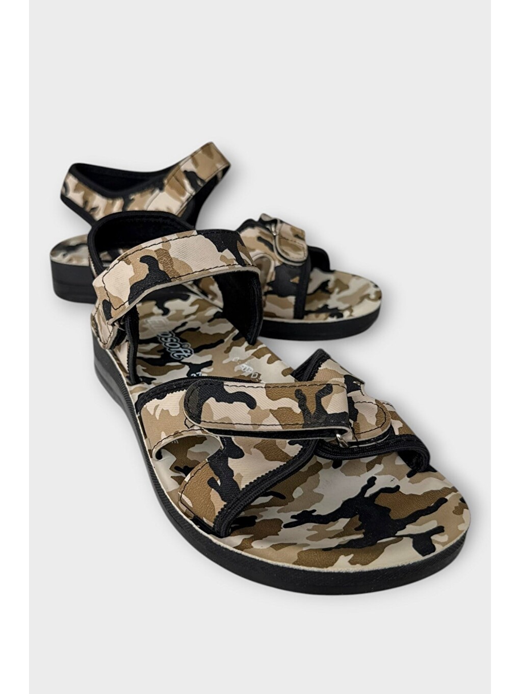 Askeri Kamufulaj Desenli Unisex Kadın Sandalet Siyah - Bej-2