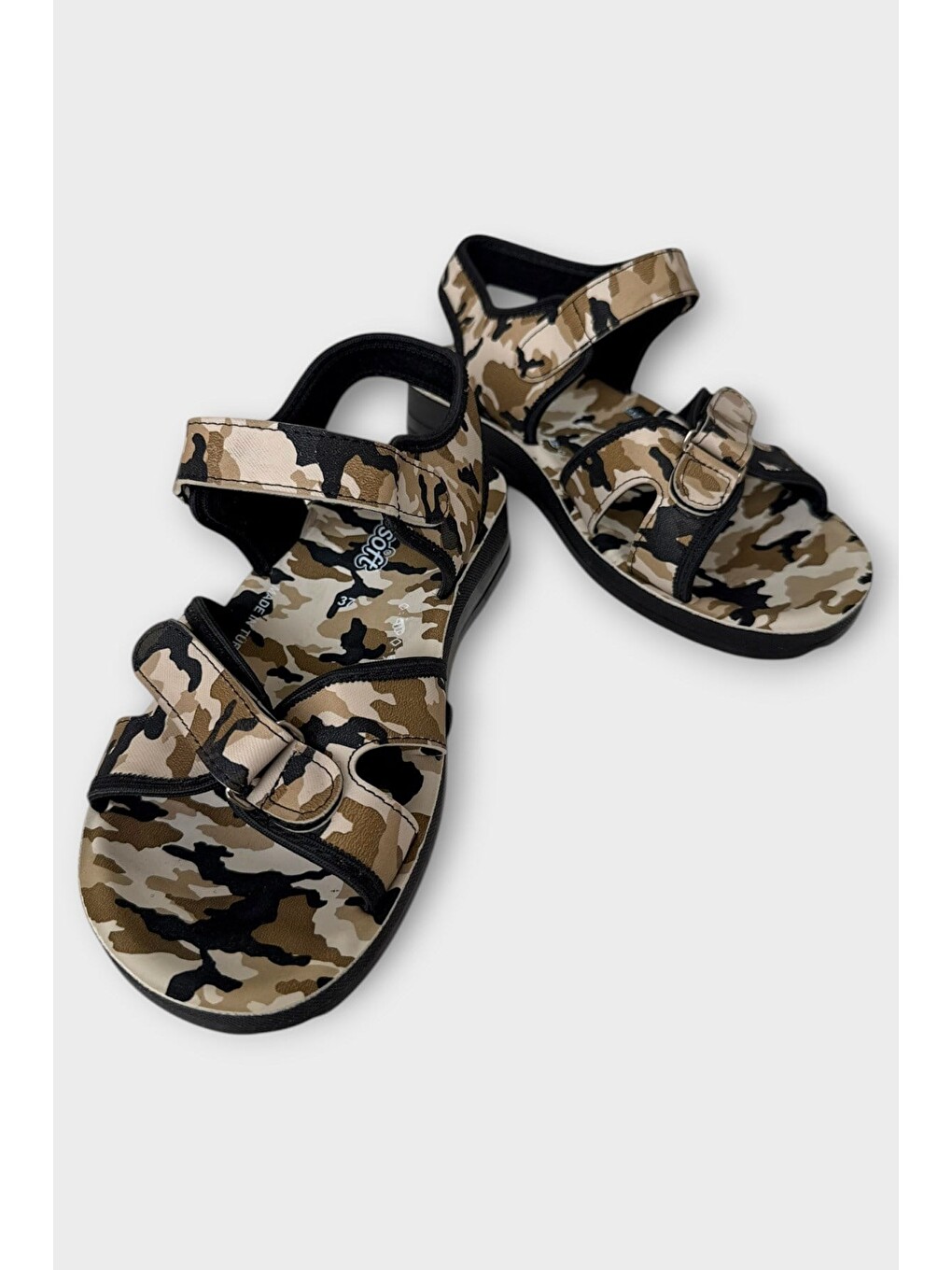 Askeri Kamufulaj Desenli Unisex Kadın Sandalet Siyah - Bej-4