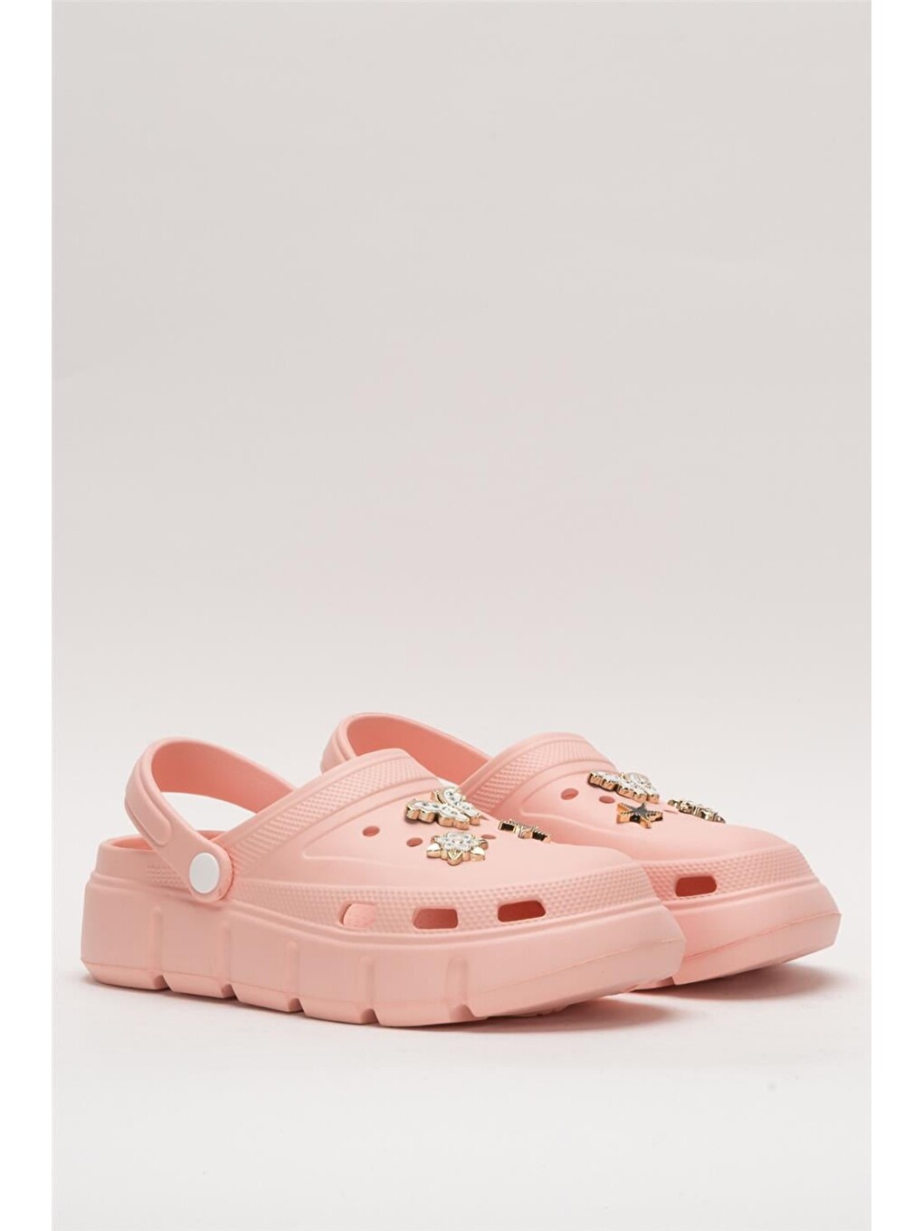 Pembe Yüksek Taban Taşlı Comfort Kadın Sandalet Pudra-2