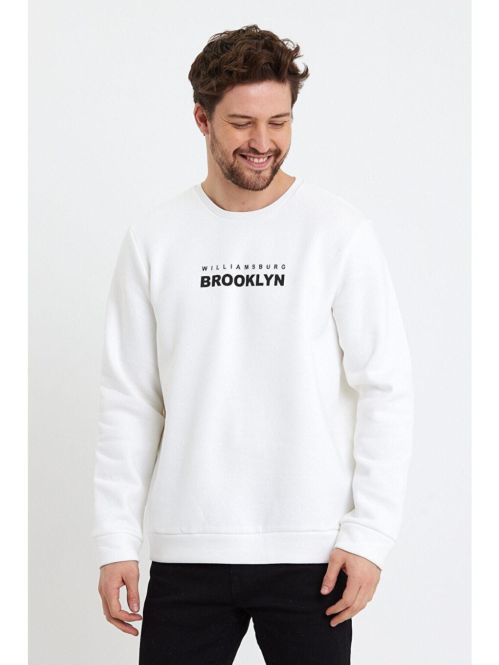 Ekru Erkek Bisiklet Yaka Regular Fit Brooklyn Baskılı İnce Sweatshirt SPR23SW330-1