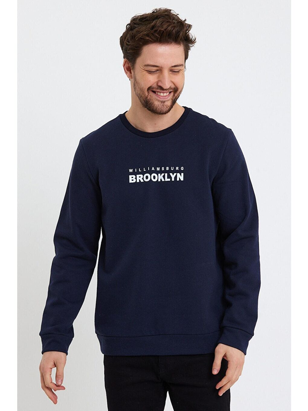 Lacivert Erkek Bisiklet Yaka Regular Fit Brooklyn Baskılı İnce Sweatshirt SPR23SW330