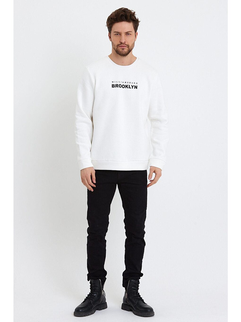 Ekru Erkek Bisiklet Yaka Regular Fit Brooklyn Baskılı İnce Sweatshirt SPR23SW330-2