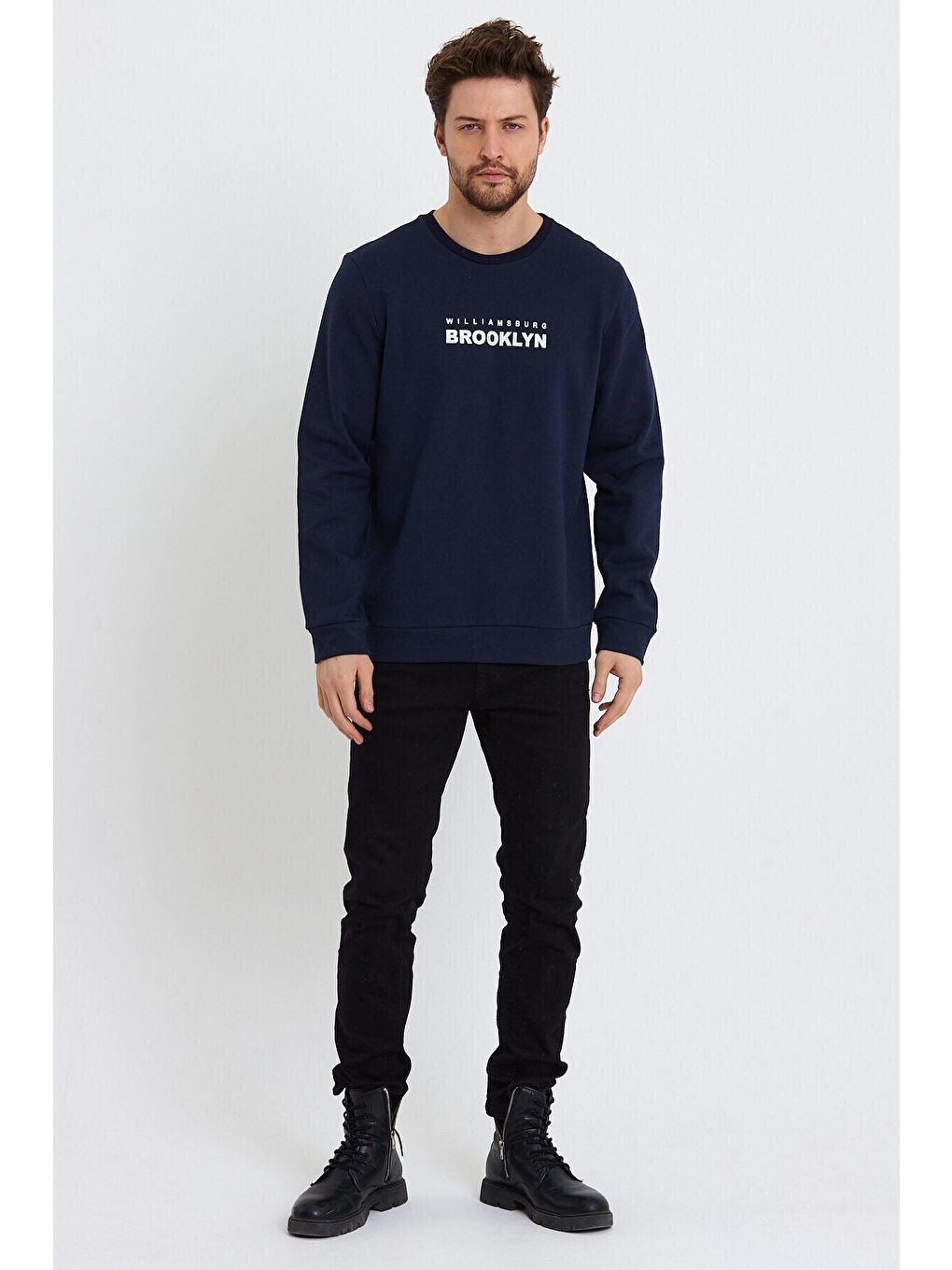 Lacivert Erkek Bisiklet Yaka Regular Fit Brooklyn Baskılı İnce Sweatshirt SPR23SW330-1