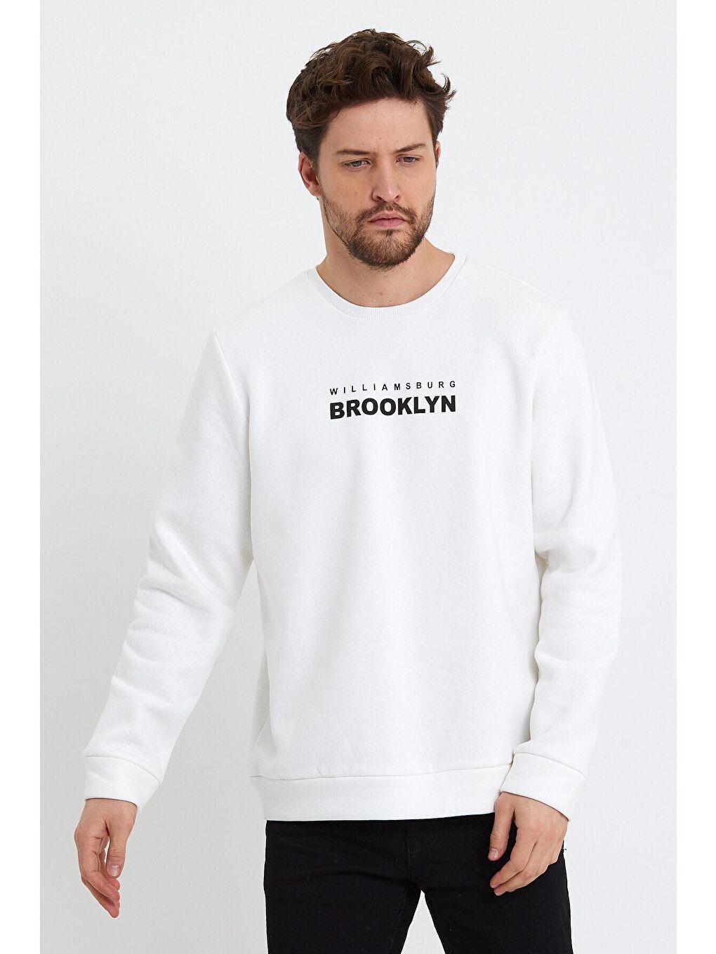 Ekru Erkek Bisiklet Yaka Regular Fit Brooklyn Baskılı İnce Sweatshirt SPR23SW330-3