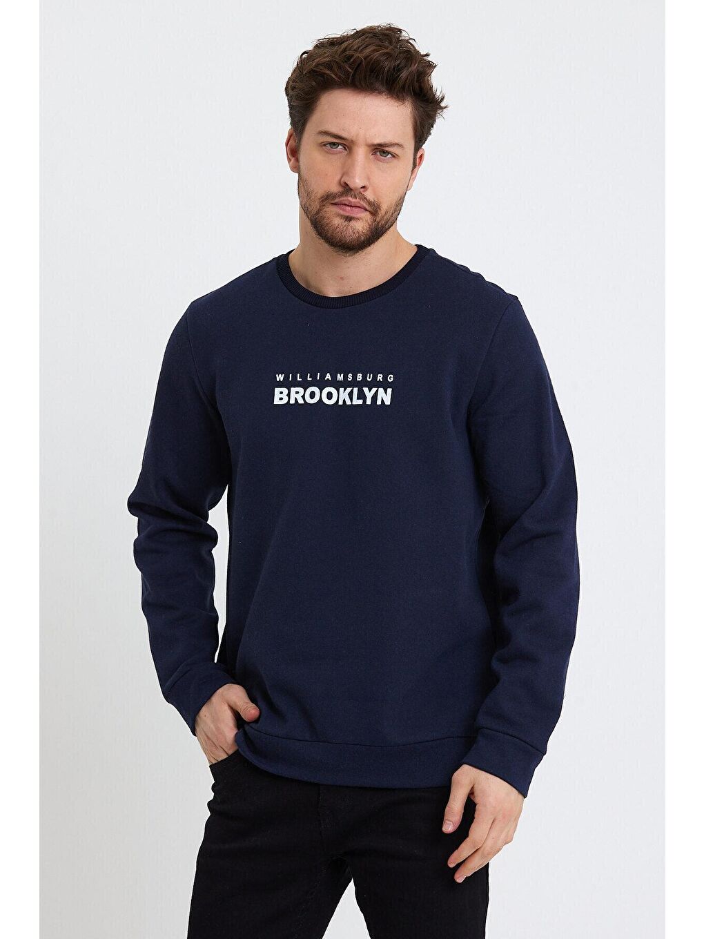 Lacivert Erkek Bisiklet Yaka Regular Fit Brooklyn Baskılı İnce Sweatshirt SPR23SW330-2