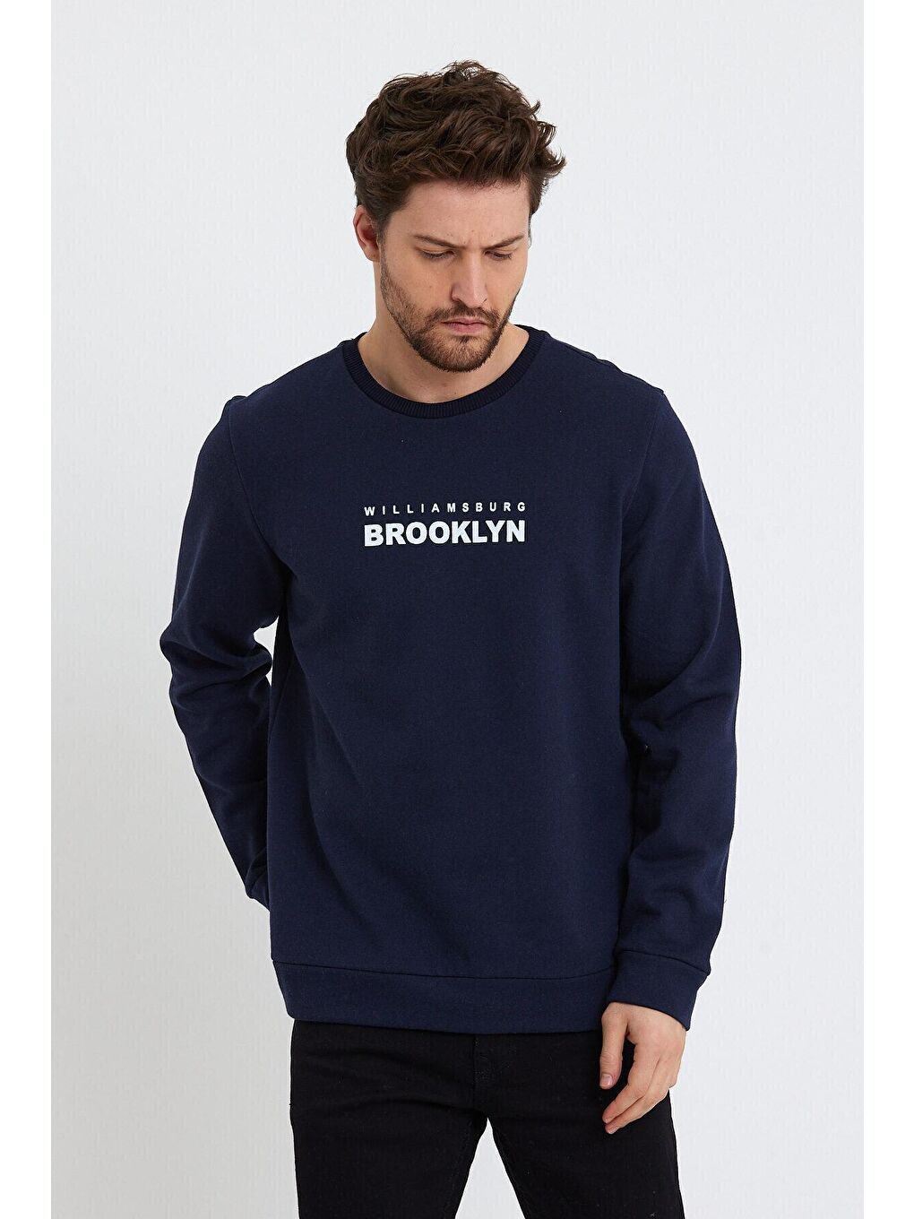 Lacivert Erkek Bisiklet Yaka Regular Fit Brooklyn Baskılı İnce Sweatshirt SPR23SW330-3