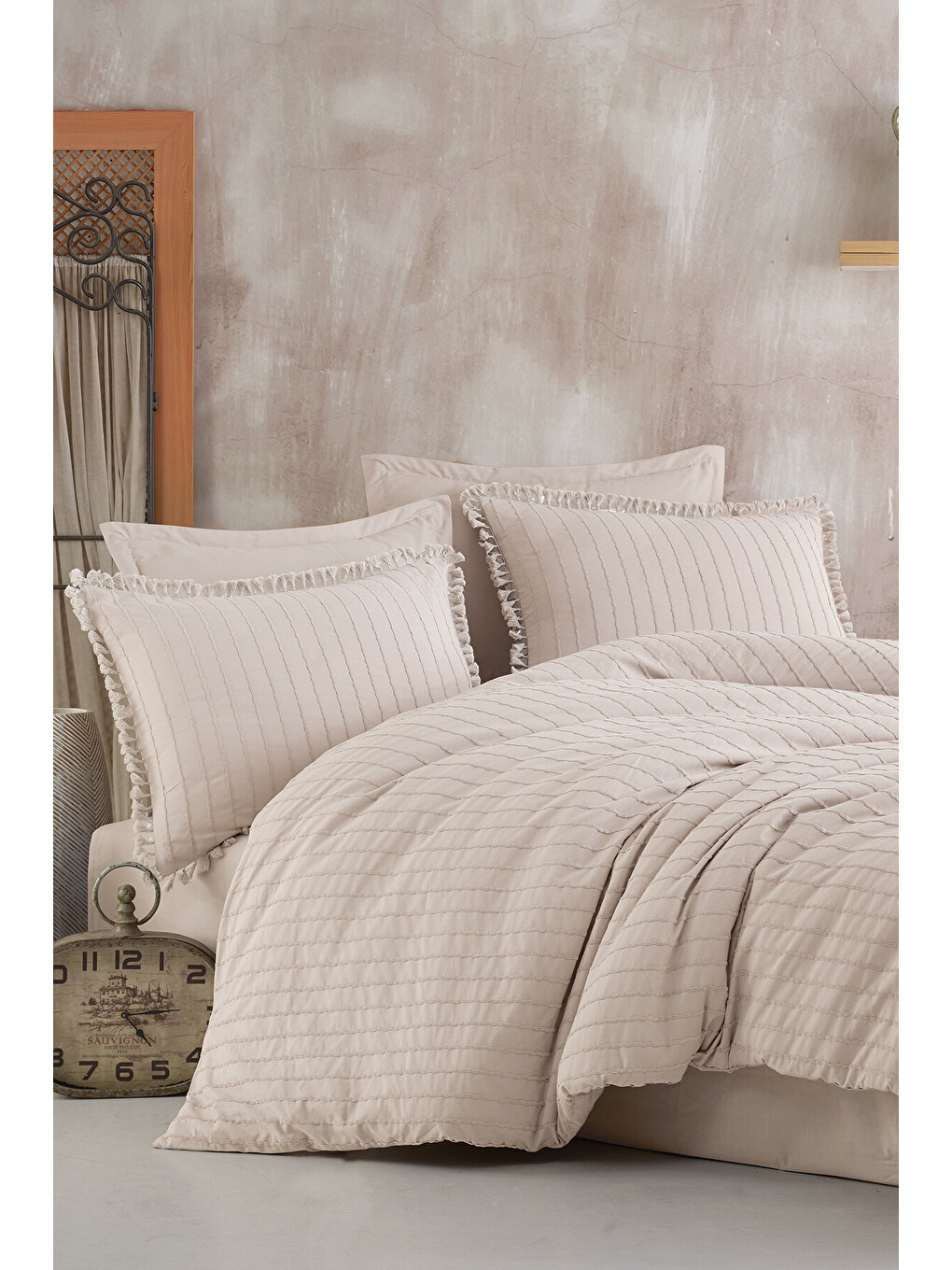 Bej %100 Pamuk Tek Kişilik Püsküllü Nevresim Seti Estina Taş Rengi-1
