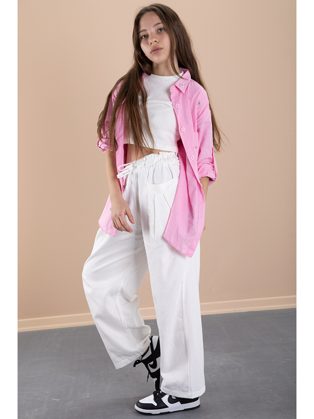 Pembe Kız Çocuk Croplu Taşlı Gömlek Ve Pantolonlu 3'lü Takım 20470-8