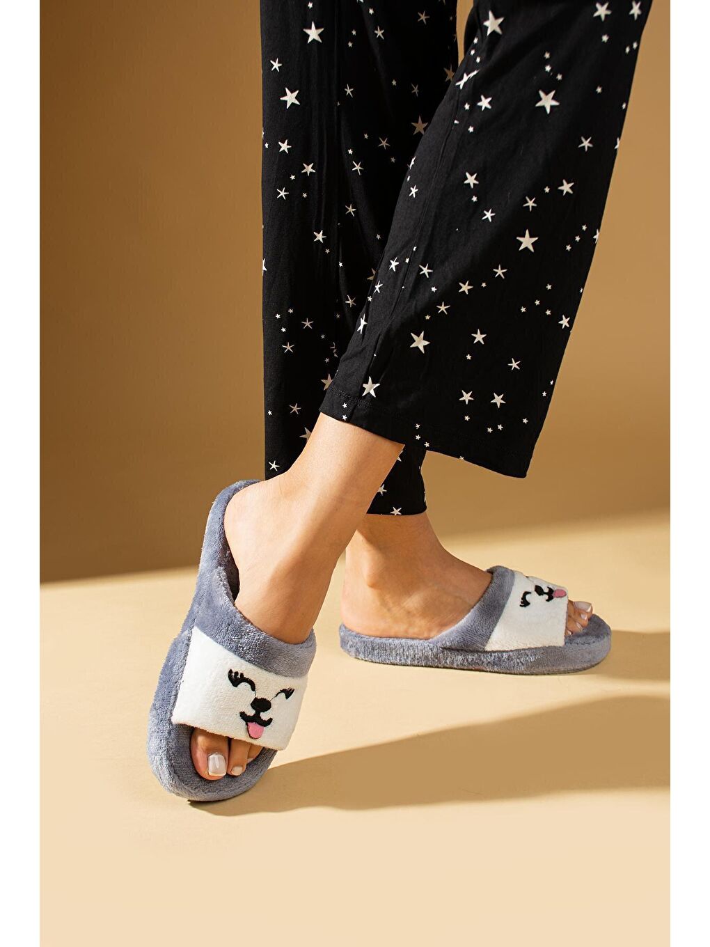 Gri Kedicikli Kadın Termo Taban Polar Ev Terliği 001-15-21-1