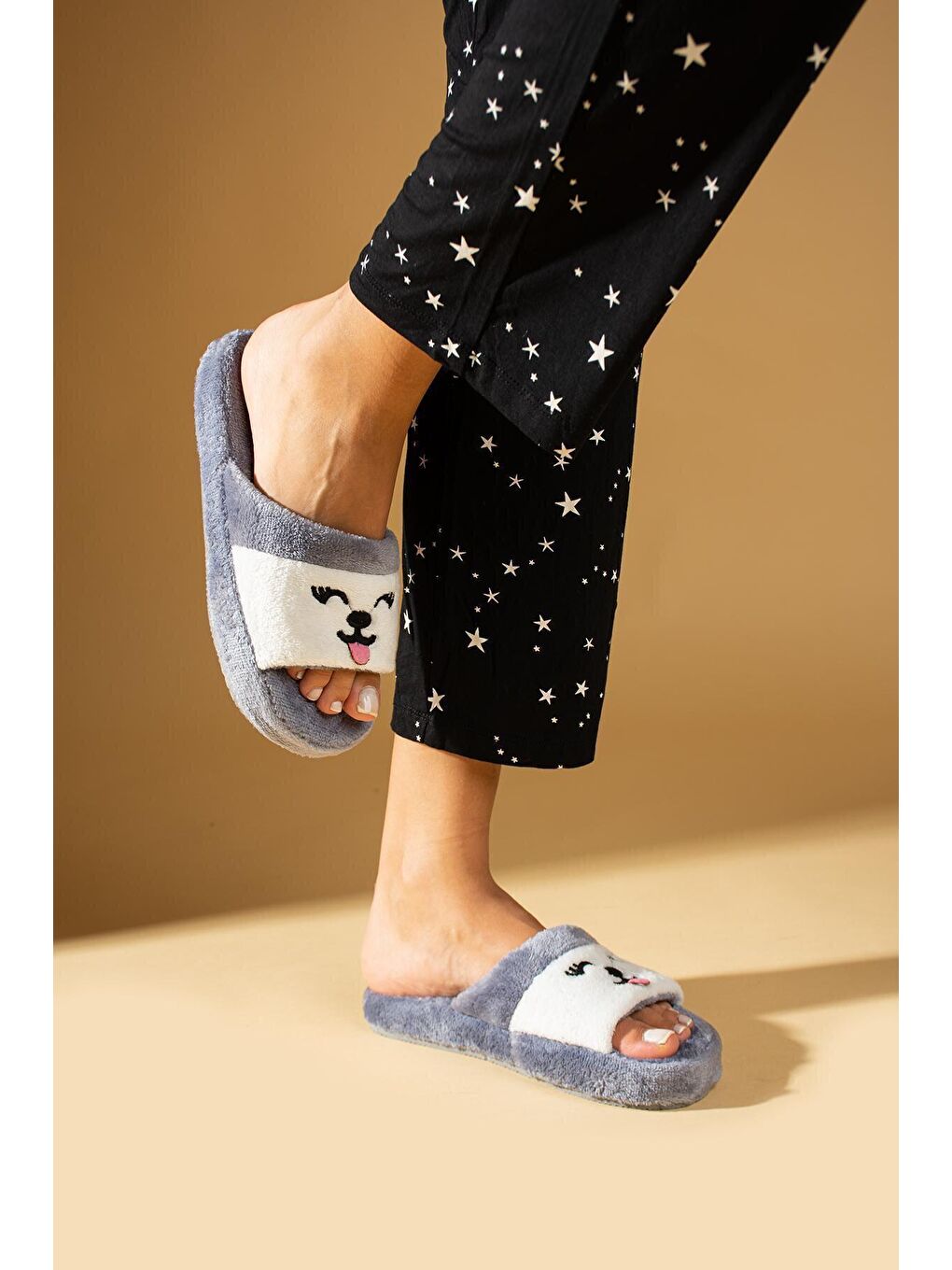 Gri Kedicikli Kadın Termo Taban Polar Ev Terliği 001-15-21-2