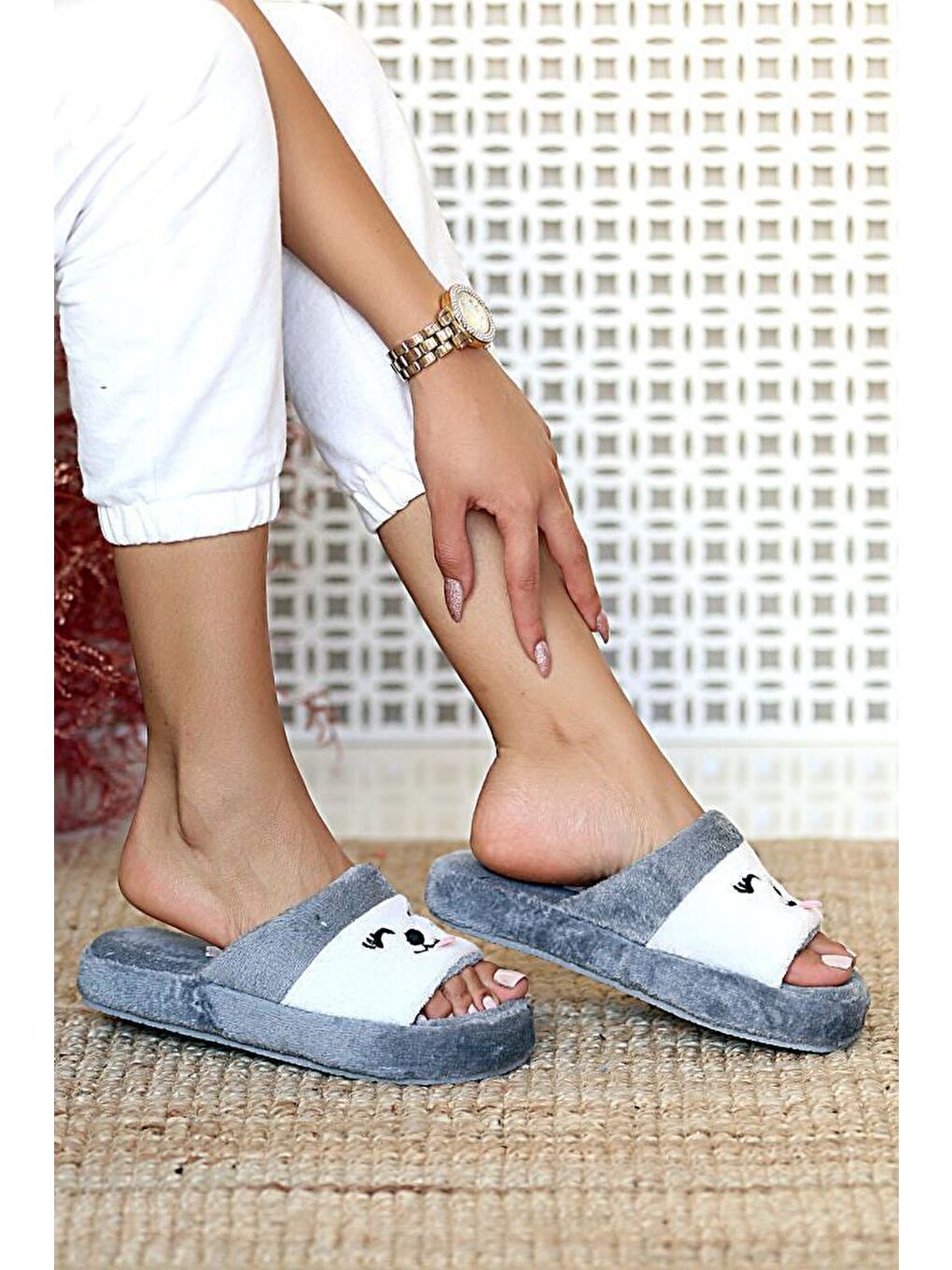 Gri Kedicikli Kadın Termo Taban Polar Ev Terliği 001-15-21-5