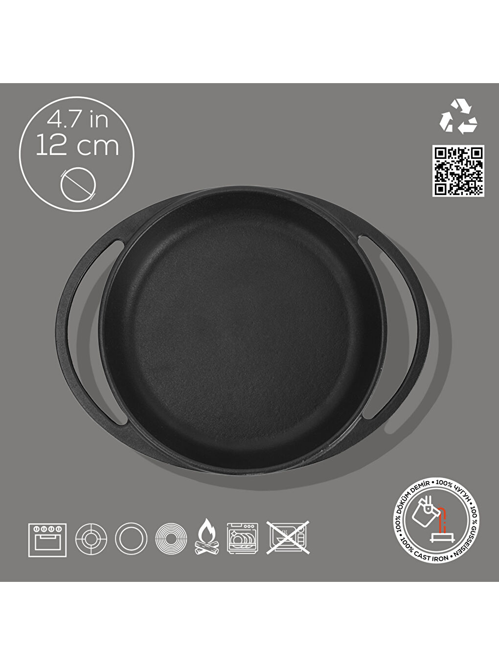 Siyah Yuvarlak Sahan Döküm Demir Yekpare Çift Kulplu Çap(Ø)12cm.-3