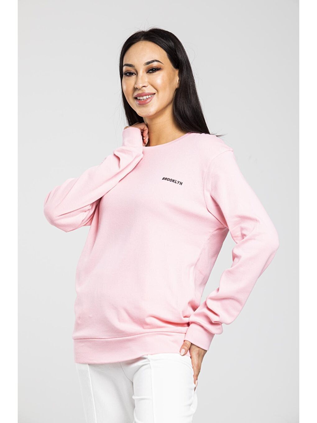 Süperlife Pembe Bisiklet Yaka Uzun Kollu Dar Kalıp İnce Sweatshirt SPR21K18