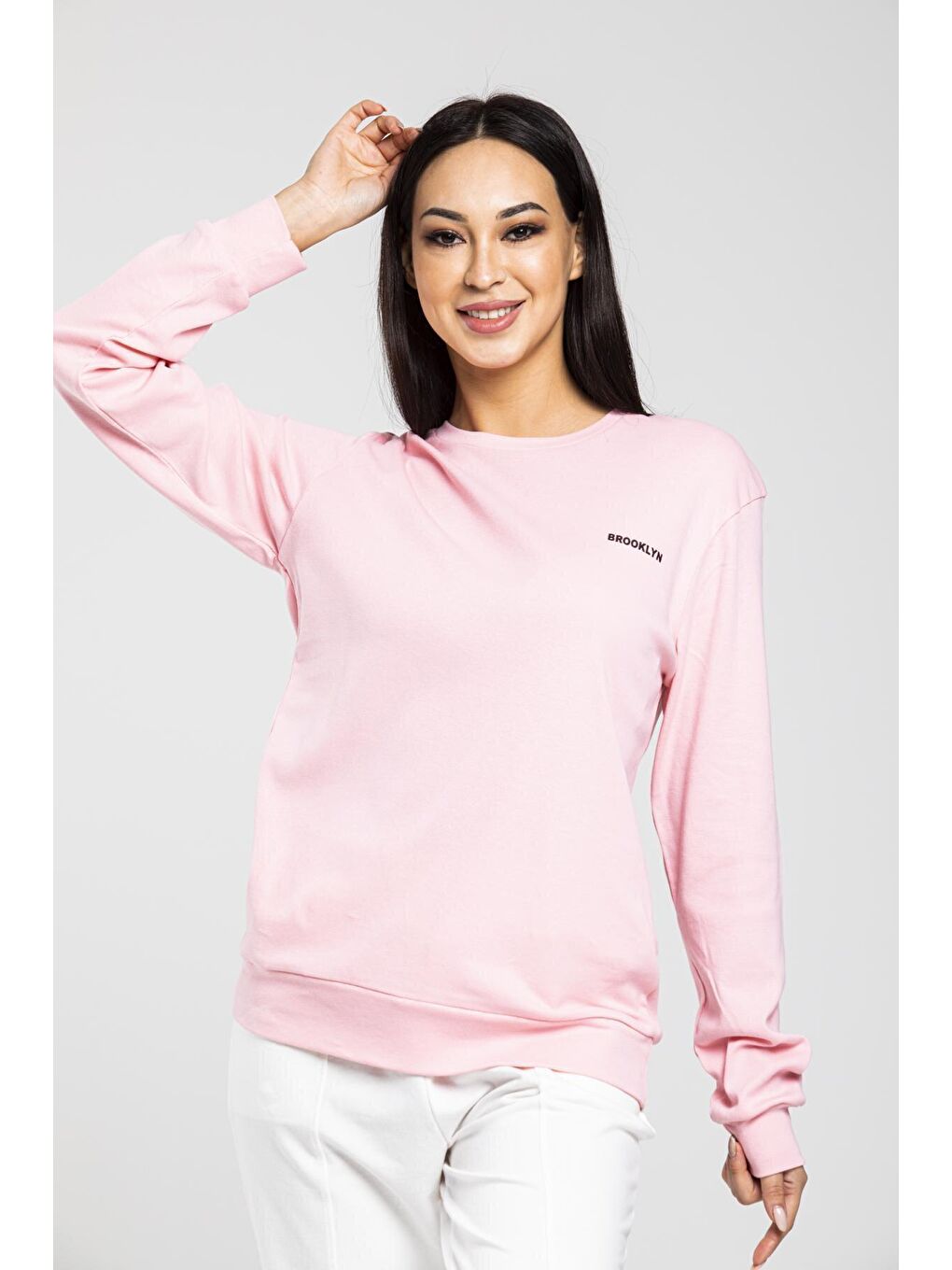 Süperlife Pembe Bisiklet Yaka Uzun Kollu Dar Kalıp İnce Sweatshirt SPR21K18 - 2