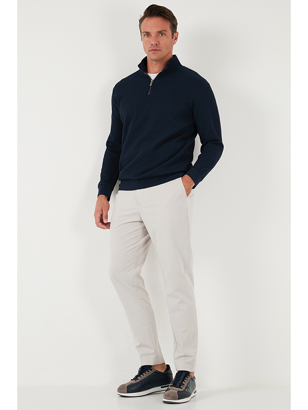 Lacivert Pamuklu Regular Fit Yarım Fermuarlı Dik Yaka Erkek Sweat 5905716-1